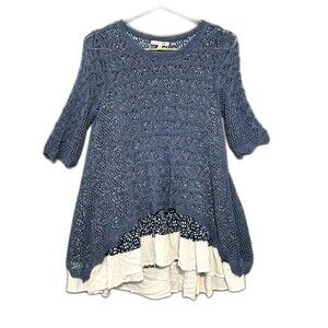 John Mark  Crochet Top Cottagecore, Charming Blue Prairie Chic Peasant Tunic